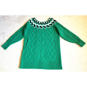 Womens Sweater-J. CREW-green 100% wool cableknit fair isle Nordic pullover-M